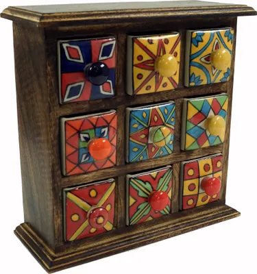 Produktbild von Apothekerschränkchen mit Bunten Keramik Schubfächern, Gewürzkiste - 3*3 Fächer, Braun, Holz, 24*24*9 cm, Dosen, Boxen & Schatullen