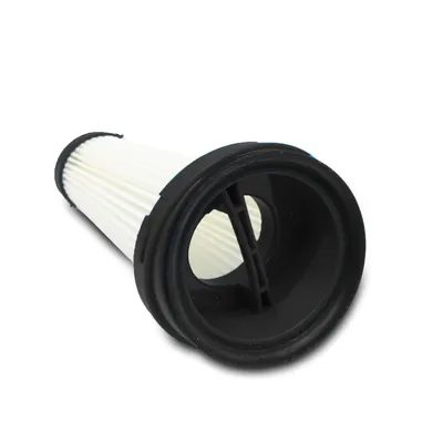 A vacuum cleaner filter with a white pleated paper element and a black rubber seal at one end, set against a white background.
