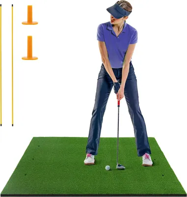 Produktbild von GOPLUS Golf Abschlagmatte, 152x117 cm Golf Übungsmatte mit 2 Ausrichtungsstäben, 2 Golf Tees & 6 Positionen, Golf Trainingsmatte für drinnen & draußen