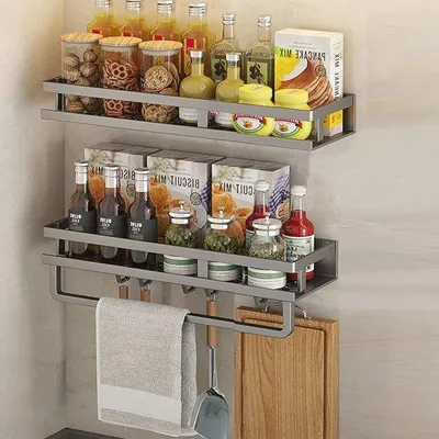 Image de 2 crochets muraux en acier inoxydable de 40 cm avec 6 crochets - Rangement de cuisine