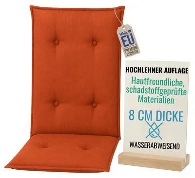 Produktbild von Pillows24 - Hochlehner Auflagen 120x50x8 cm | Gesteppte Wetterfeste Gartenstuhlauflagen | Polster Sitzkissen für  Gartenmöbel |   EU | Orange