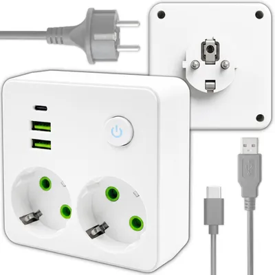 Produktbild von KRUMAD Steckdosenadapter 5in1 mit USB und USB-C, Mehrfachstecker Doppelsteckdose, 2-fach Steckdosenadapter ohne Kabel, kompakter Multistecker Weiß, KI-generiertes Bild
