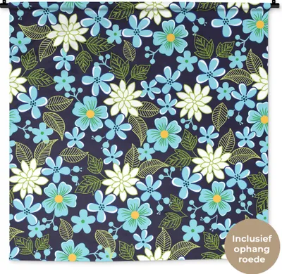 Produktbild von MuchoWow® Wandteppich Wandbehang Blumen - Blätter - Blau 120x120 cm Tapisserie Dekoration Wandtuch - Modern - Baumwollgewebe