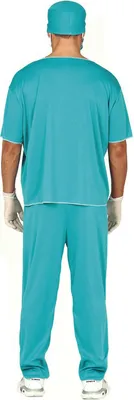 A person wearing a surgeon's costume from behind.