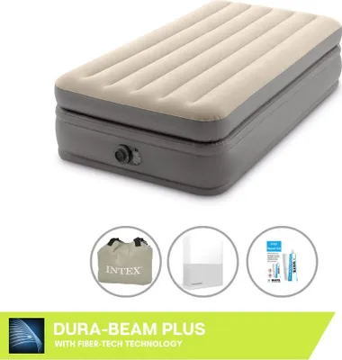 Obrázek produktu pro Vzduchová postel Intex - pro 1 osobu - 99 x 191 x 51 cm - šedá - se zabudovanou pumpou, bílým prostěradlem a opravnou sadou