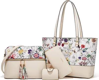Produktbild von Damen Handtasche Tote Schultertasche Umhängetasche Beige 4-teiliges Set