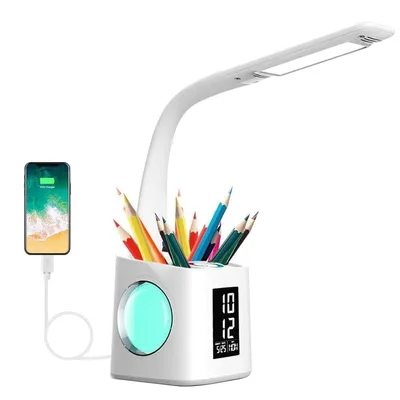 Produktbild von Multifunktionale LED Tischlampe 7-in-1 LED Schreibtischlampe mit Stiftehalter Farbwechsel Nachtlicht Wecker USB Ladestation Schülerlampe Leselampe
