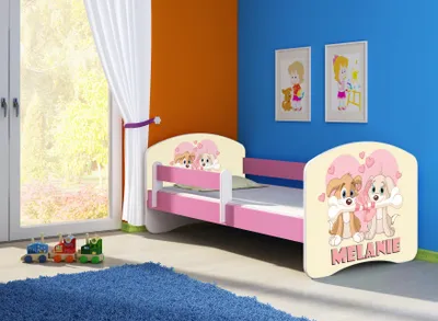 Produktbild von ACMA Jugendbett Kinderbett Junior-Bett Komplett-Set mit Matratze Lattenrost und Rausfallschutz Rosa 12 Welpen 160x80