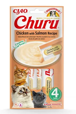 Produktbild von Inaba Katzen-Leckerli-Paste mit Huhn und Lachs, 4 x 14 g (56 g), cremige Paste mit Huhn und Lachs