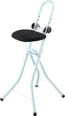 A white folding stool with a black seat against a white background.
