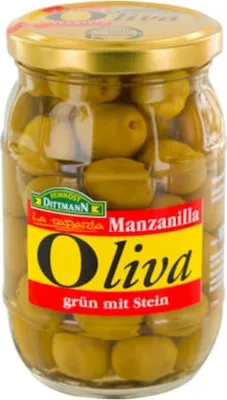 Produktbild von Feinkost Dittmann Manzanilla Gourmet Oliven grün mit Stein 300g