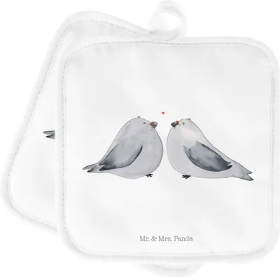 Produktbild von Mr. & Mrs. Panda Topflappen Turteltauben Liebe - Weiß - Geschenk, Freundin, Ofenlappen, Kochlappen, Topfuntersetzer, topfhalter, Tauben, Pärchen, Set