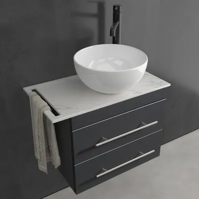 Produktbild von Alpenberger Waschbecken mit Unterschrank 60 cm | Badmöbel Set Gäste WC mit Keramik Aufsatzwaschbecken und Keramikplatte