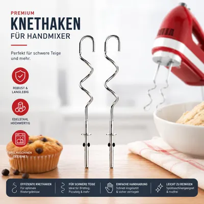 Produktbild von Knethaken für KitchenAid Handmixer – Edelstahl Teighaken Set für schwere Teige, Brot- & Pizzateig – 2 Stück
