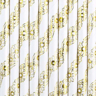Produktbild von Papierstrohhalme 19cm mit Blumen Motiv 10er Set Weiß / Gold