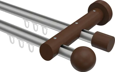 Produktbild von Interdeco Innenlaufstange / Gardinenstange mit Innenlauf Silbergrau / Nussbaum lackiert, Typ Talent Luina (Kugel), 20 mm Ø 2-läufig, 540 cm