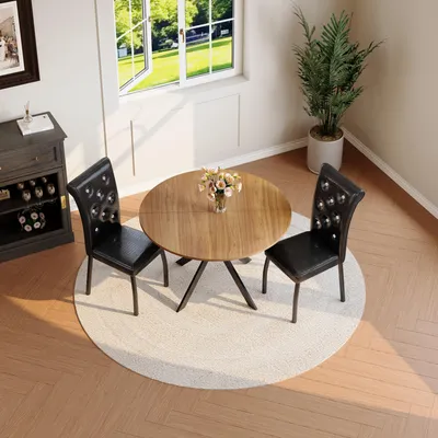 Produktbild von 2er Set schwarze Esszimmerstühle, Kunstleder mit Knopfheftung, Metallbeine, ergonomischer Sitz für Wohnzimmer, Restaurant & Lounge