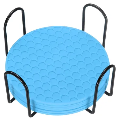 6er Set runde Silikon-Untersetzer mit Halter, 10 cm, blau