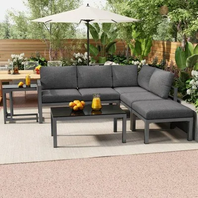 Produktbild von Garten-Lounge-Sofa-Set, Eck-Lounge-Sofa, Gartenmöbel für 4-5 Personen, mit Side-Table und Coffee-Table, witterungsbeständiges Sofa-Möbel, grau, Set aus 5, inklusive allen Kissen und Polstern.