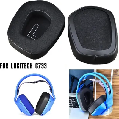 A collage of images showing replacement ear pads for Logitech G733 headphones, and a pair of blue Logitech G733 headphones.
