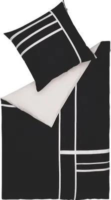 A black and white patterned duvet cover and pillowcase set.