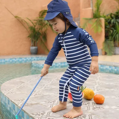 Image de Maillot de bain pour bébé, manches longues, protection UPF 50+, pour les bébés de 6 à 12 mois, rayures bleu marine