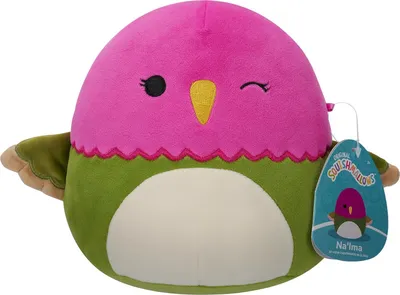A plush toy bird with a pink head and green body, winking.