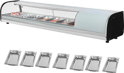 Produktbild von SucceBuy Sushi-Kühlvitrine 72 L für den gewerblichen Einsatz, Kühlaufsatz mit 7 Behältern, gebogenem Glas, LED-Beleuchtung und digitaler Temperatursteuerung – ideal für Restaurants, Theken und Geschäfte