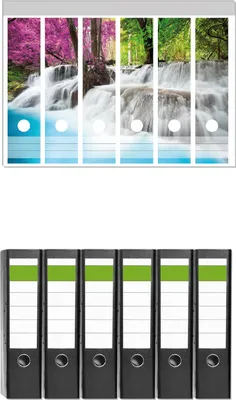 Produktbild von Wallario 6 Stück breite Ordner inkl. Klebeetiketten mit Motive Wasserfall  in  einem  bunt  gefärbten  Wald -  Set mit Rückenschildern / Ordnerrücken Stickern