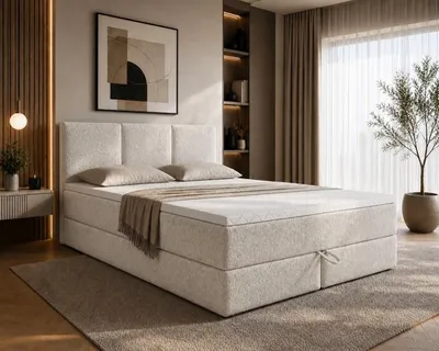 Produktbild von MODERN ROOM Boxspringbett mit Bettkasten, RIMINI, 160x200, hellbeige, H3, Boucléstoff, Polsterbett Matratze Topper Doppelbett Bett für Schlafzimmer