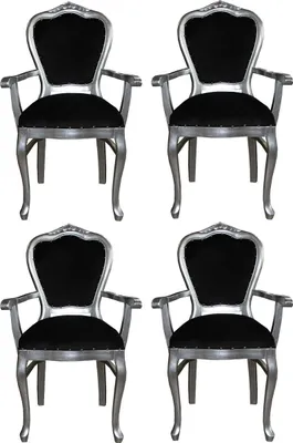 Produktbild von Casa Padrino Luxus Barock Esszimmer Set Schwarz / Silber 60 x 47 x H. 99 cm - 4 handgefertigte Esszimmerstühle mit Armlehnen - Barock Esszimmermöbel