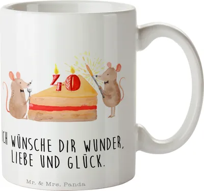 Produktbild von Mr. & Mrs. Panda Tasse 40. Geburtstag Mäuse Kuchen - Weiß - Geschenk, Happy Birthday, Kuchenliebe, Herzlichen Glückwunsch, Kaffeebecher, cappuccinotasse, Kaffeetasse