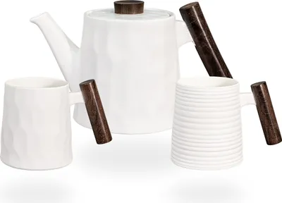 Produktbild von tea4chill Teeservice oder Kaffeeservice aus Porzellan weiß mit Holzgriffen. Teekanne, Kaffeekanne 1,2 Liter. Teetassen, Kaffeetassen 400ml. Vintage