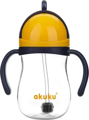 A baby's sippy cup with handles and a straw.