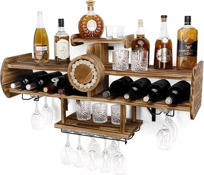 Produktbild von Weinregal Palette Beflammt Holz mit 4 Ebenen, Flaschenhalter Flaschenregal Wand Weinflaschenhalter, Wandbar für Weingläser, Whiskygläser, Hausbar, Vintage, Flugzeug, Geschenk