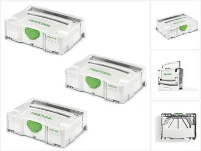 A collage of Festool Systainer T-LOC toolboxes in various configurations and views.