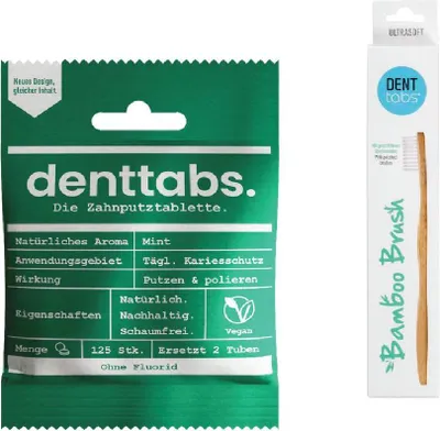 Produktbild von DENTTABS Tandpastatabletten ohne Fluorid + Zahnbürste