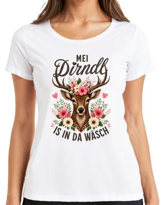 Produktbild von Mei Dirndl is in da Wäsch Reh Kitz Blumen Tracht Lederhose Alpen Damen T-Shirt, Weiß, M