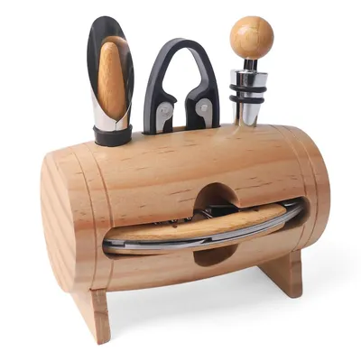 Produktbild von Fassförmiges Wein-Öffner-Set mit Papierschneider, Ausgießer und Verschluss, 4-teilig, robustes Edelstahl-Weinzubehör