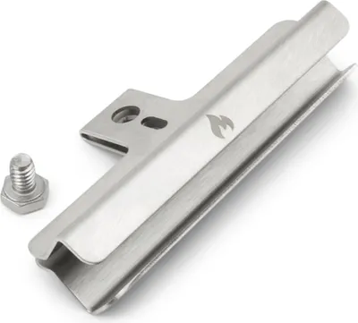 A close-up studio shot of a metal component and a screw on a white background.