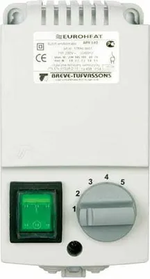 A close-up front view of a white Euroheat heating control unit with a green power switch and a grey rotary dial.