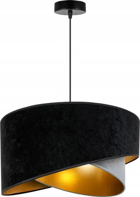A pendant lamp with a black velvet lampshade and a gold interior.