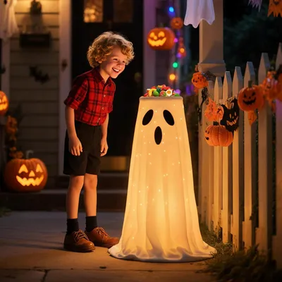Produktbild von Halloween-Türdekoration - Leuchtender Geist Süßigkeitenregal Schüssel mit Lichterkette und Timer-Fernbedienung für Party-Terrassen-Süßes oder Saures
