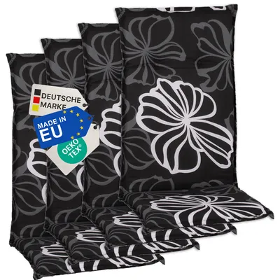 Produktbild von NYVI Gartenstuhl Auflagen Hochlehner 4er Set Barcelona - UV-Beständig, Atmungsaktiv, Strapazierfähig - Hochlehnerauflagen Sitzkissen Outdoor - Sitzauflagen für Gartenstühle 118x50cm Black Flower