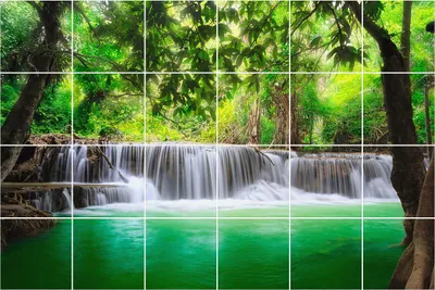 Produktbild von Fliesenaufkleber 15x15 cm – 24 Stück – Selbstklebend – Wasserfest – Pflegeleicht – Hitzebeständig – Für Küche & Bad – Wasserfall im grünen Wald
