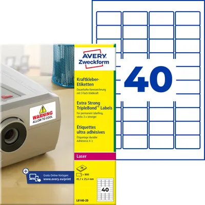 Produktbild von Avery Zweckform L6140-20, Kraftkleber-Etiketten, A4, 45,7 x 25,4 mm, 800 Etiketten / 20 Bögen, weiß