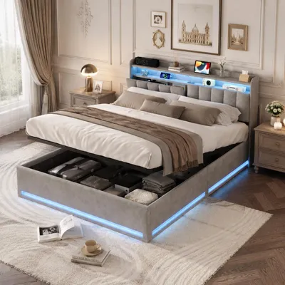 Obrázek produktu pro Postel INONEFT, čalouněná, 140 x 190 cm, dvoulůžko s LED osvětlením a USB porty, hydraulická postel s úložným prostorem a rošt, postel pro dospělé, samet, šedá barva, Obrázek vytvořený pomocí AI