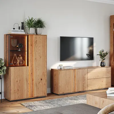 Produktbild von Wohnwand in Eiche massiv geölt mit Highboard & Lowboard, inkl. LED-Beleuchtung, 2-teilig - CARISOLO-163