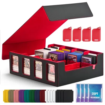 Produktbild von INF Vierreihige Deckbox mit Sichtfenster und geteiltem Deckel – Kunstleder mit koreanischem Samt, fasst 3000+ Karten, Top-Loader kompatibel Rot
