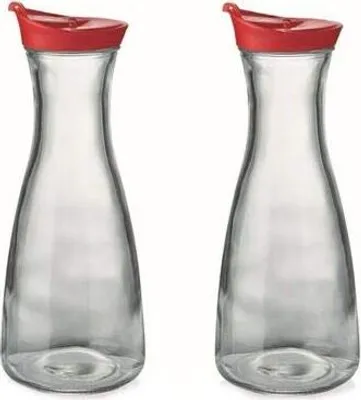 Produktbild von Karaffe 1 Liter Deckel rot 2 Stück Dekanter Wasserkaraffe Glaskaraffe Kanne